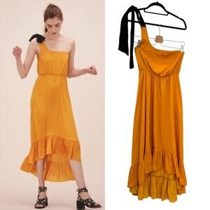 Maje Rasti One-Shoulder Dress Long High-Lo Satin Yellow Size 1 US Small